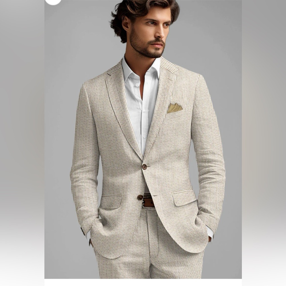 STUDIOSUITS Hand Crafted Men's Seersucker lightweight Tan/White Stripe Blazer.